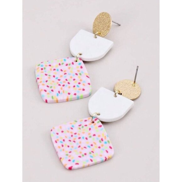 New Pink White Multicolor Dot Geometric Retro 80s Style Matte Earrings - 2.50" - Picture 3 of 5